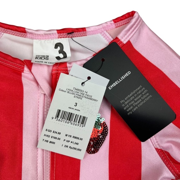 Cotton On Girls Sequin Strawberry Long Sleeve One Piece Pink Red Stripe Swimsuit - Picture 2 of 5